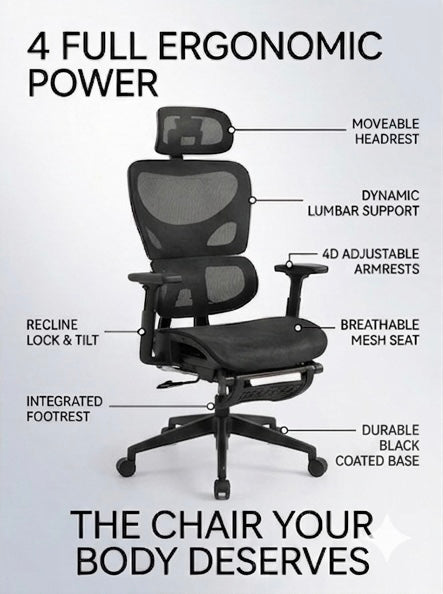 Chaise de bureau ergonomique en maille avec support lombaire et appui-tête réglables et accoudoirs 3D, édition Plus