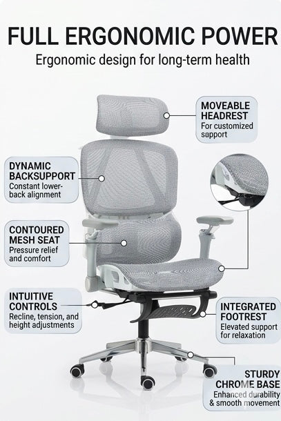 Ergonomischer Bürostuhl aus Netzstoff mit verstellbarer Lordosenstütze, Kopfstütze und 3D-Armlehnen, Pro Edition (Grau, pp)