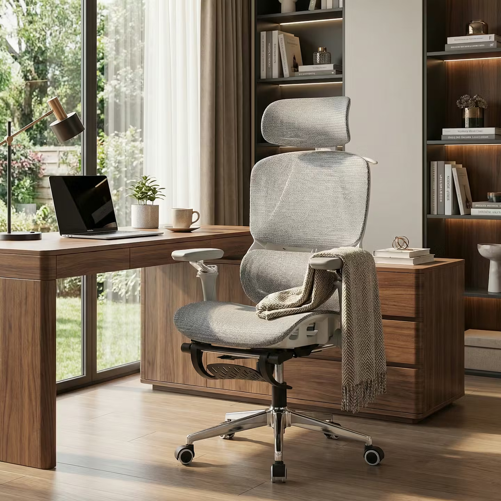 Ergonomischer Bürostuhl aus Netzstoff mit verstellbarer Lordosenstütze, Kopfstütze und 3D-Armlehnen, Pro Edition (Grau, pp)