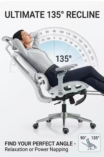 Ergonomischer Bürostuhl aus Netzstoff mit verstellbarer Lordosenstütze, Kopfstütze und 3D-Armlehnen, Pro Edition (Grau, pp)