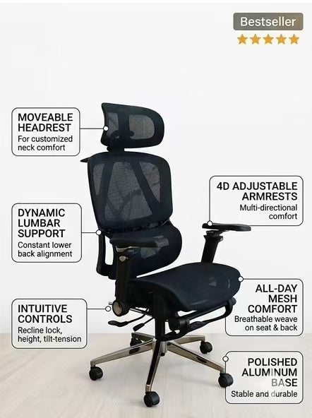 Chaise de bureau ergonomique avancée en maille avec soutien lombaire réglable, appui-tête et accoudoirs 3D, Édition Pro (Noir, pp)