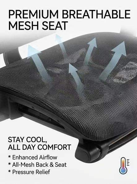 Chaise de bureau ergonomique en maille avec support lombaire et appui-tête réglables et accoudoirs 3D, édition Plus